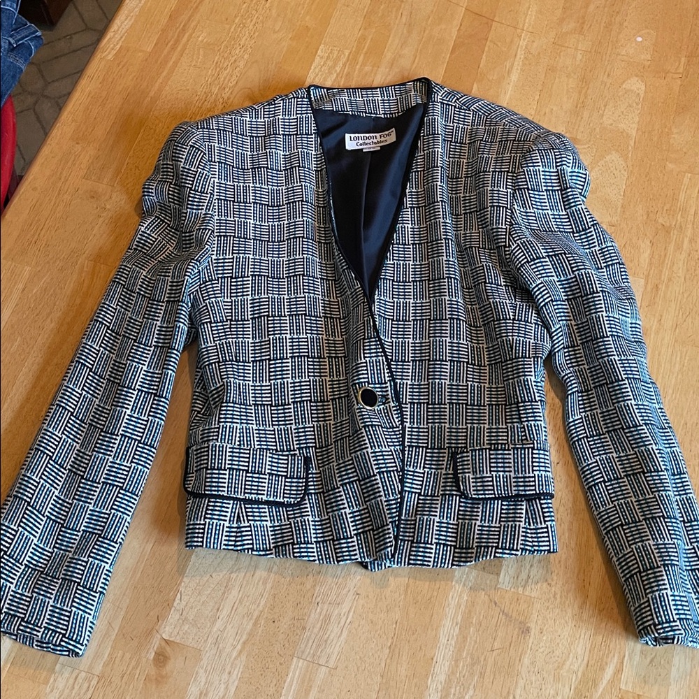 Vintage London Fog Black & White Patterned Cropped Blazer Size 14M
